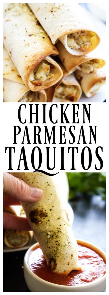 CHICKEN PARMESAN TAQUITOS - Filled with chicken, 3 cheeses and Italian seasoning, dunk these taquitos in a marinara sauce and you have an easier & simpler twist on an Italian classic.