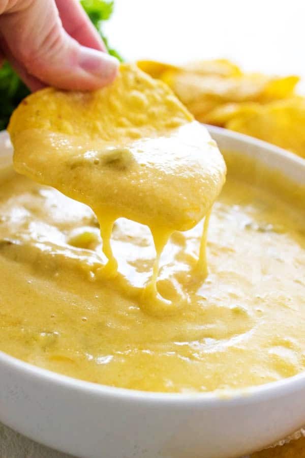 A bowl of green chile queso.