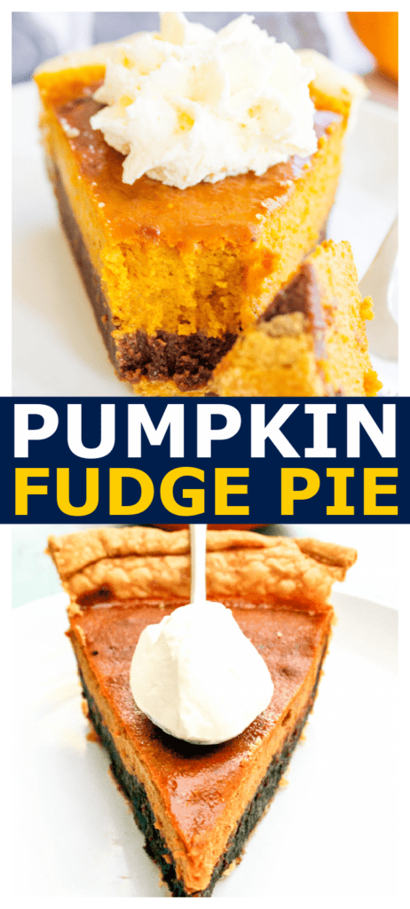 slice of fudge bottomed pumpkin pie with whipped cream on top