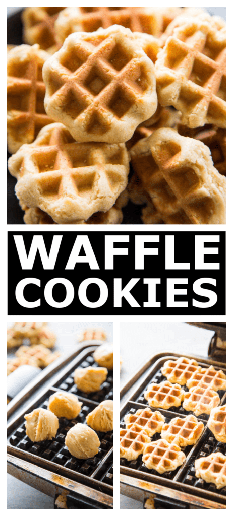 waffle cookies collage image of finished cookies and waffle iron
