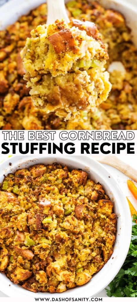 cornbread stuffing collage with recipe title
