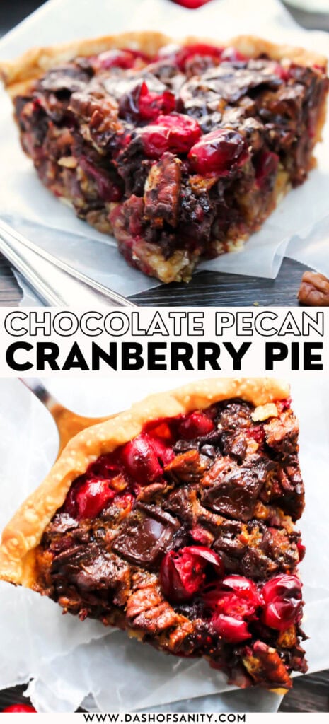 chocolate pecan pie with cranberries collage image with recipe title