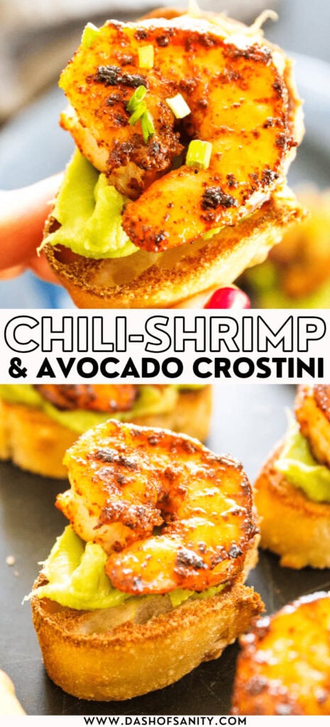 collage image of shrimp crostini