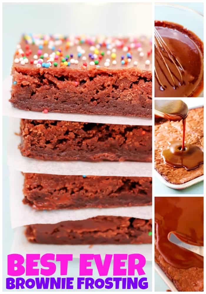 stack of brownies with Best Ever Brownie Frosting and sprinkles, Best Ever Brownie Frosting being stirred in a glass bowl, being poured onto cooked brownies, and being spread with offset spatula