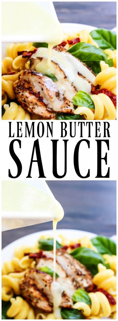 Lemon Butter sauce being poured onto chicken pasta
