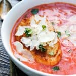 close up shot tomato basil soup