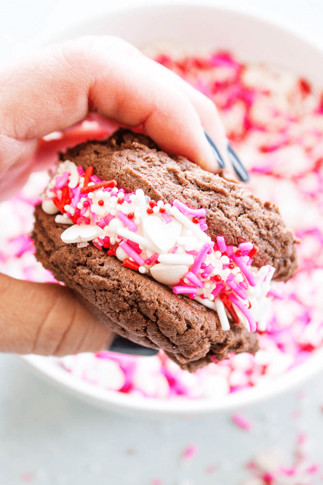 up close view of Whoopie Pie rolled in sprinkles