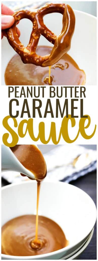 Peanut Butter Caramel Sauce in a bowl with a hard pretzel. Peanut Butter Caramel Sauce being poured into a bowl