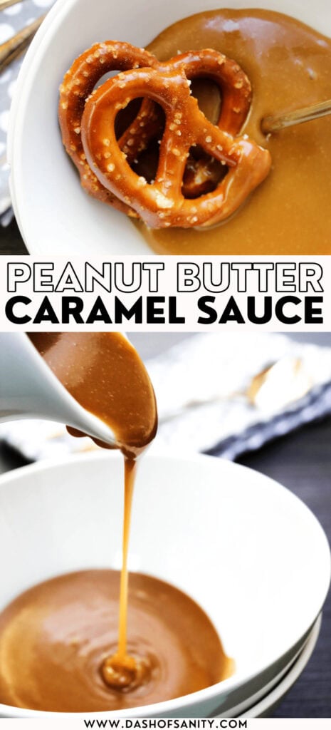 collage image with recipe title on peanut butter caramel sauce