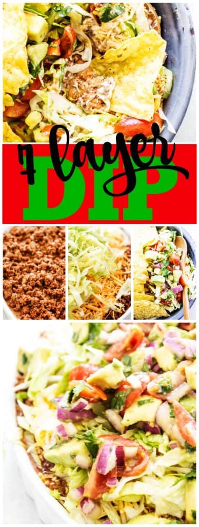7 Layer Dip with tortilla chips in a bowl, step by step layering of 7 Layer Dip, 7 Layer Dip in white dish