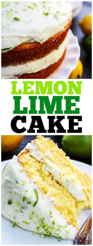 Top photo: Lemon Lime Cake from side on a cake stand, bottom photo: slice of lemon lime cake on a plate