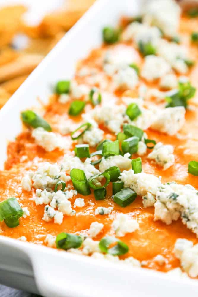 close up Buffalo Chicken Dip served in white baking dish topped with green onions and blue cheese.