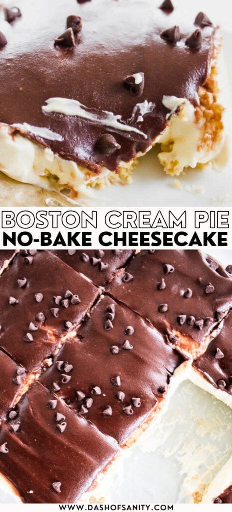 collage image of boston cream pie no bake cheesecake with recipe title