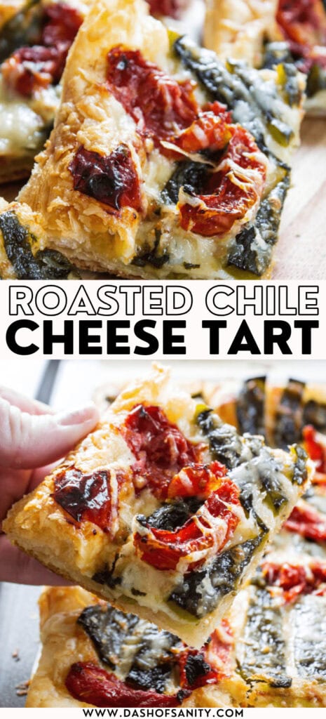 collage image of chile cheese tart with recipe title