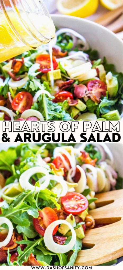 collage image of salad with recipe title and dressing being poured on it