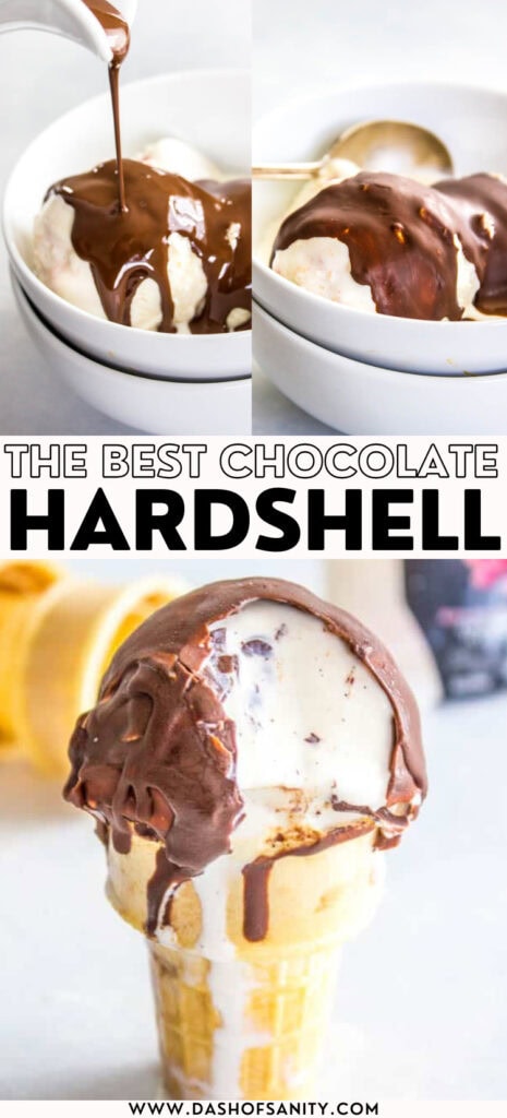 collage image of chocolate hard shell aka magic shell for ice cream