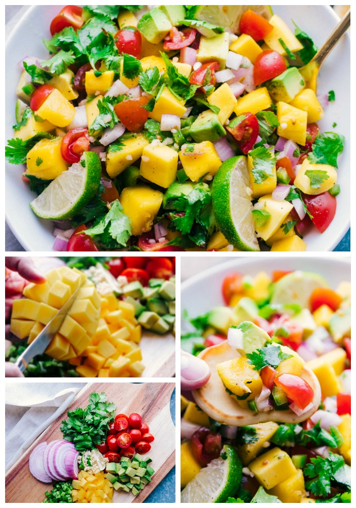 Top Image: top down photo of mango salsa in a bowl, middle image: slicing a mango on wooden cutting board, bottom left image, sliced ingredients for mango salsa next to each other on cutting board, right image: scoop of salsa on a cracker over bowl of mango salsa