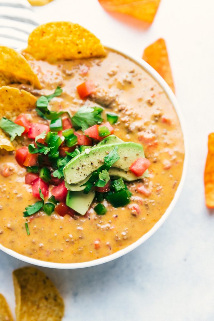 queso with garnishes on top