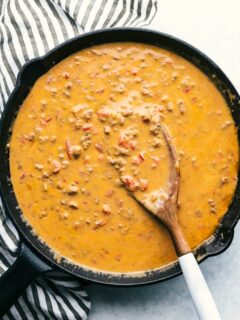 overhead shot of skillet with beef queso