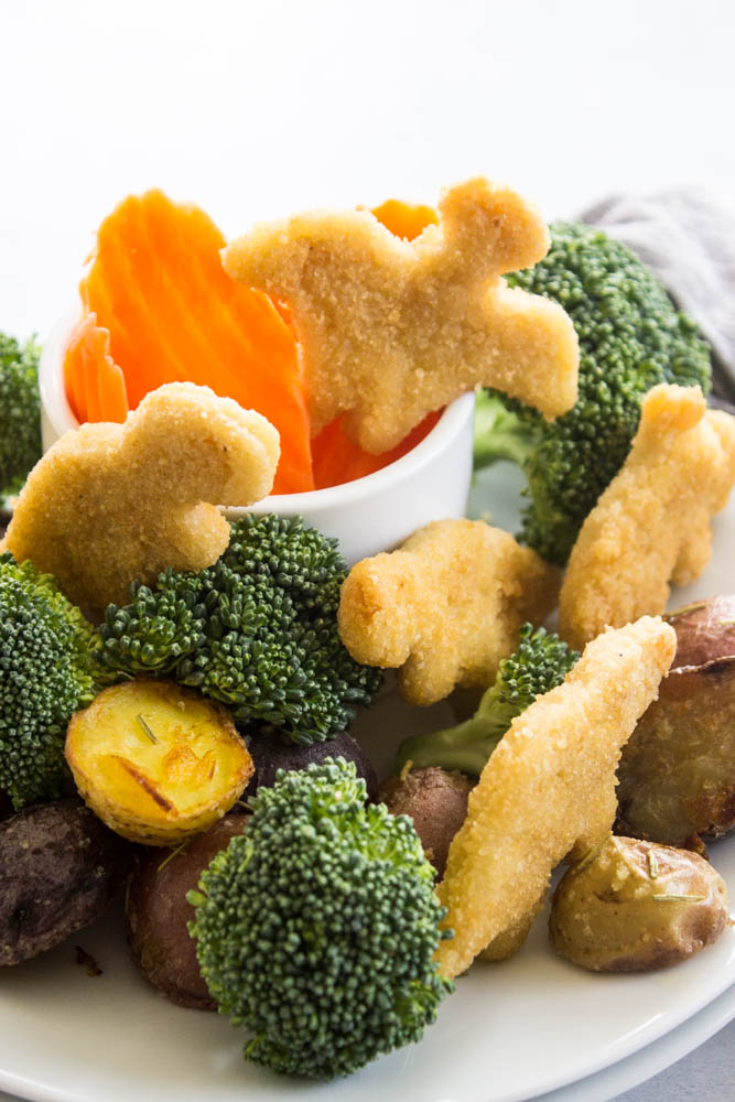 dinosaur nuggets sheet pan meal