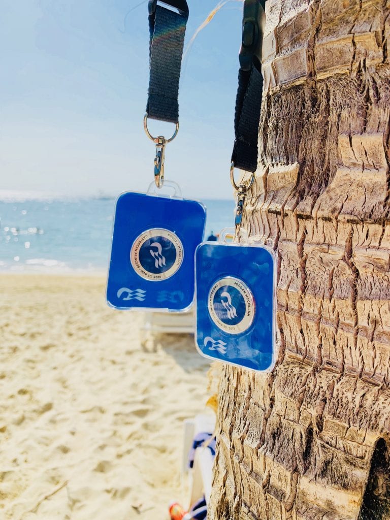 photo of ocean medallions on lanyards hanging by a palm tree on the beach