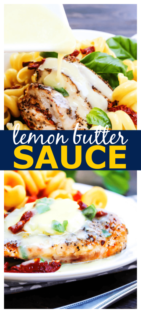 lemon butter sauce being poured over grilled chicken and pasta collage image