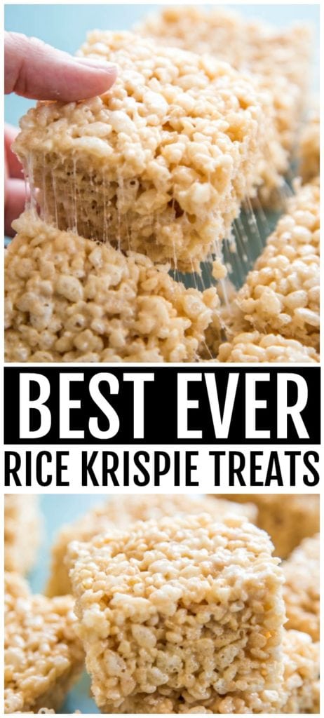 Top photo: picking up a rice krispie treat bottom photo: Stack of rice krispie treats text: Best ever rice krispie treats