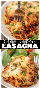 collage image of slow cooker lasagna with slice on a plate.