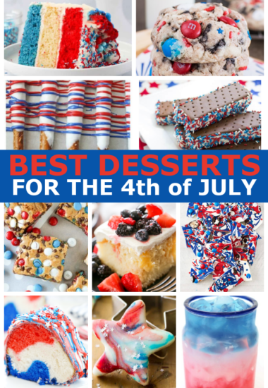 collage of 10 red, white and blue desserts for the 4th of july