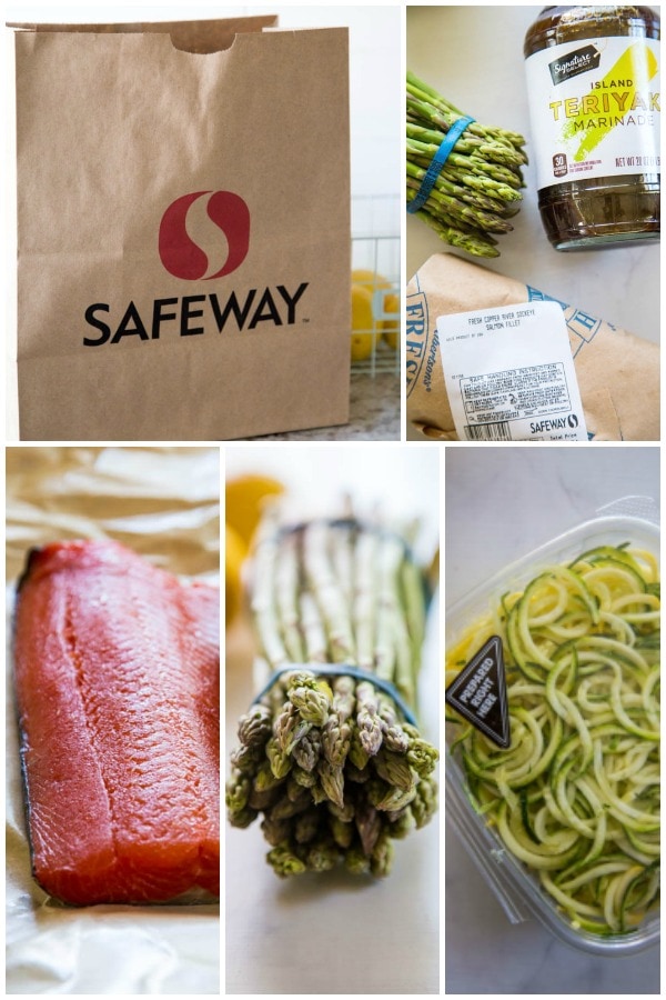 collage image of ingredients to use on the grill including salmon, asparagus and squash