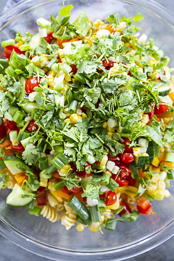 cilantro on top of veggies in bowl, overhead shot