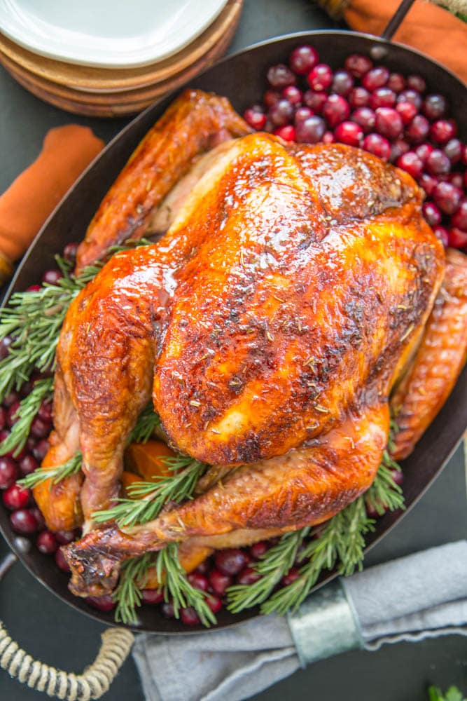 overhead shot of roast turkey in a pan.