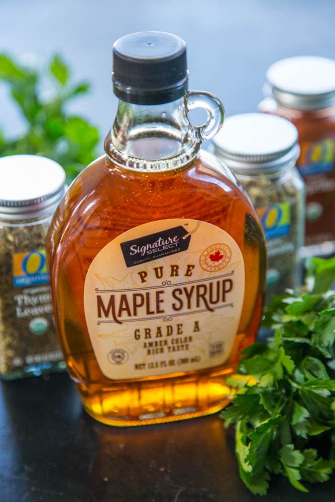 a bottle of maple syrup.