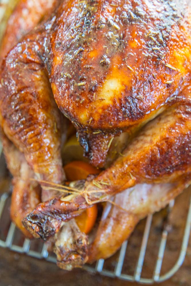 photo of the baked turkey with the legs tied with twine.