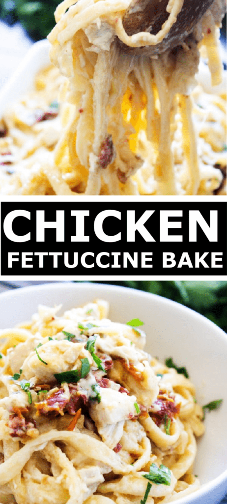 Alfredo noodles being pulled from a bowl and chicken fettuccine casserole in a bowl