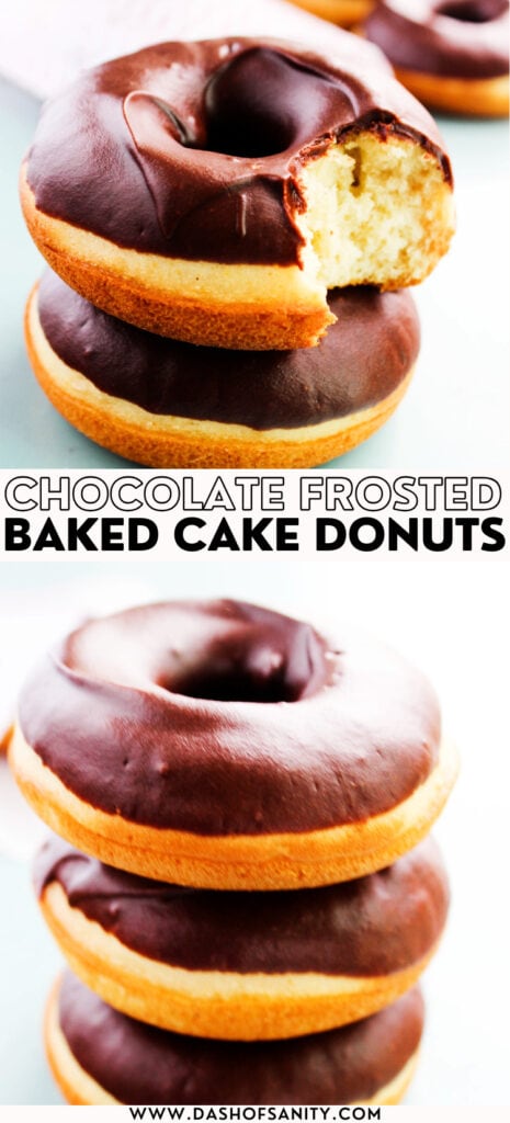 collage image with recipe title of cake donut with chocolate frosting