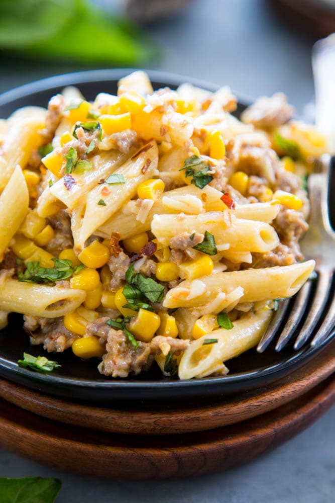 Creamy Sausage Pasta with Corn and Basil