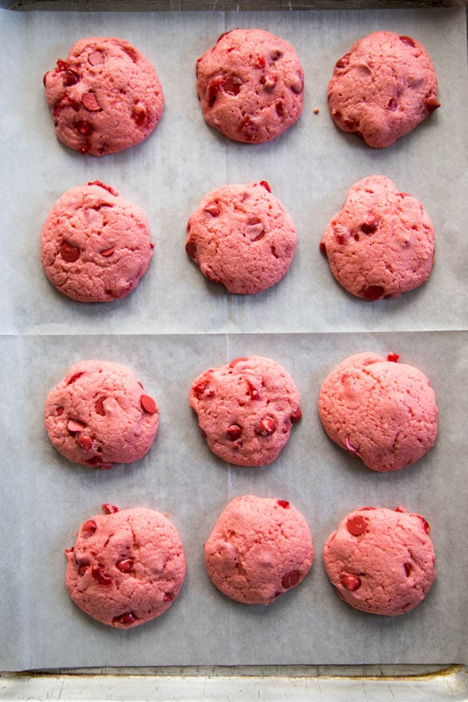 overhead shot of the baked cookies on a baking sheet