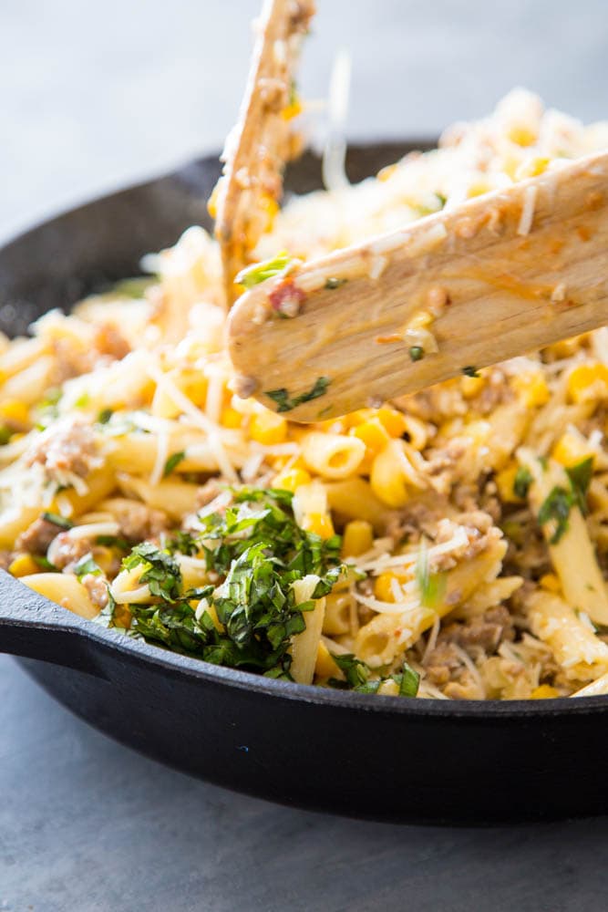 Creamy Sausage Pasta with Corn and Basil