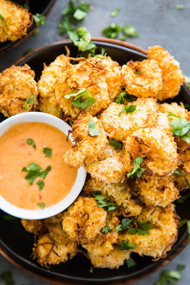 overhead shot coconut shrimp in dip
