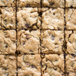 dark chocolate chip pistachio cookie bars over head shot