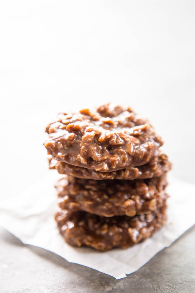 a stack of five no bake cookies.