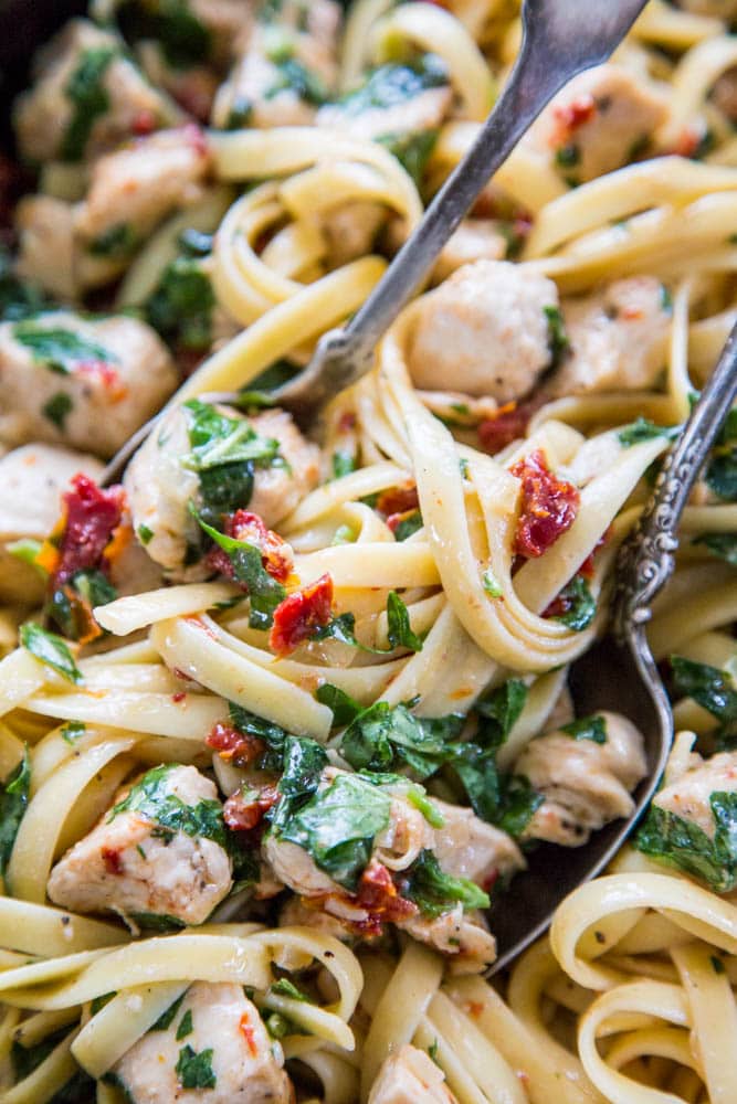 close-up shot of the finished pasta dish in the skillet.