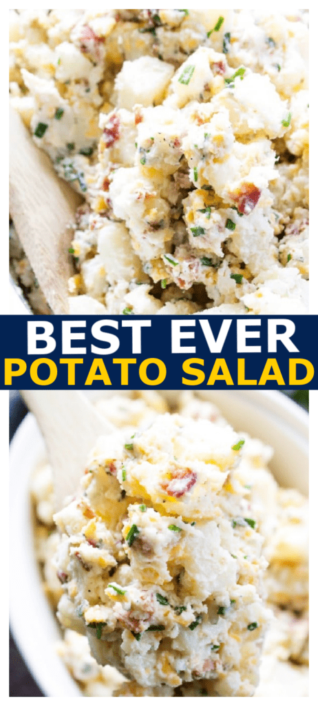 potato salad collage image with green onion, bacon and cheddar cheese