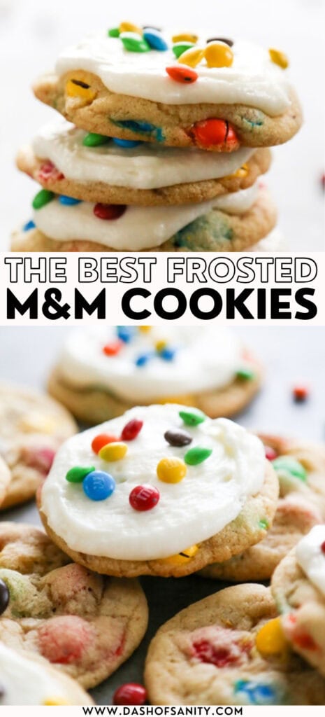 collage image of frosted M&M cookies with recipe title