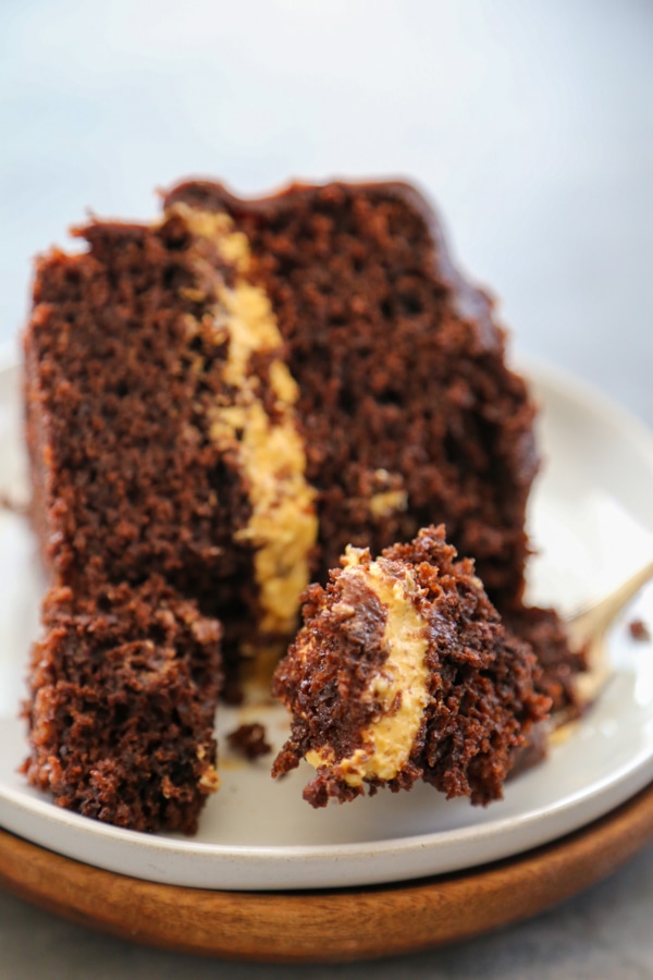 a fork on a plate with a bite of cake with the rest of the slice behind it.