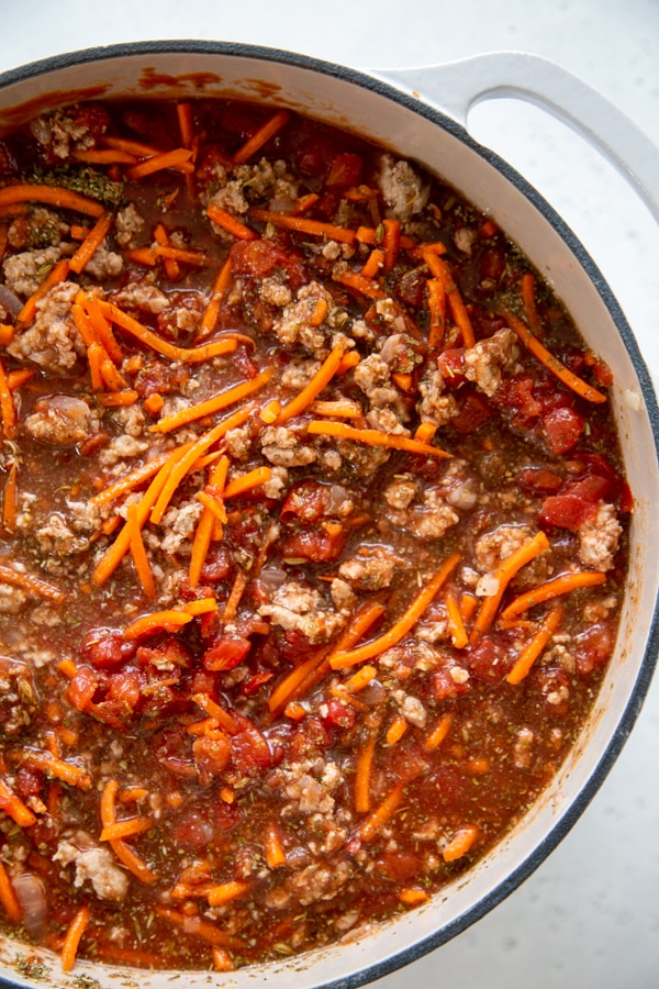 the sauce simmering in a pot.