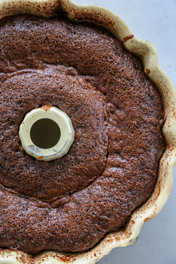 the baked cake in the bundt pan.