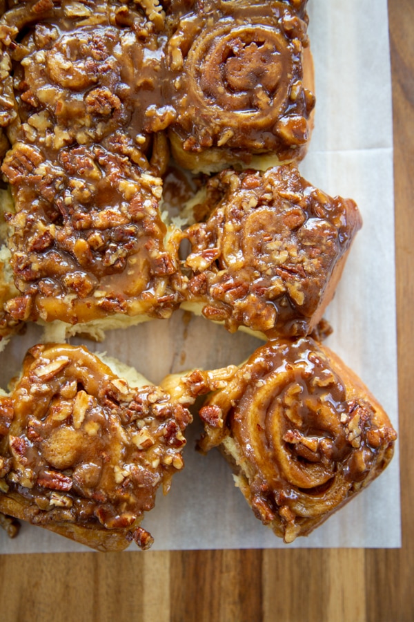 overhead shot of the baked pecan rolls.