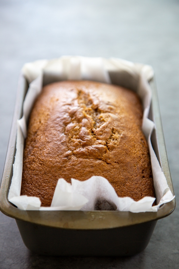 a loaf of pumpkin bread in a pan.